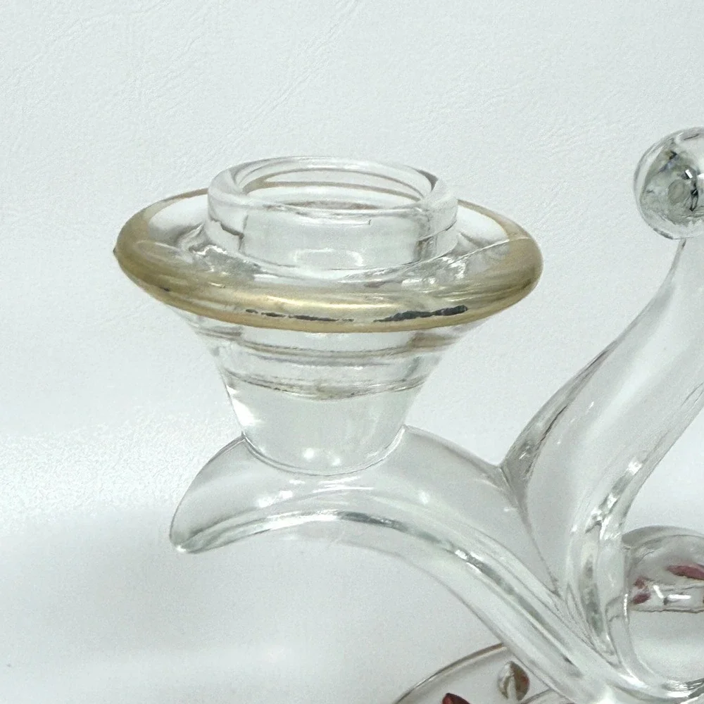 Indiana Glass Laurel‎ Double Arm Candle Holder Set 2 Gold Red Trim Accent 40s